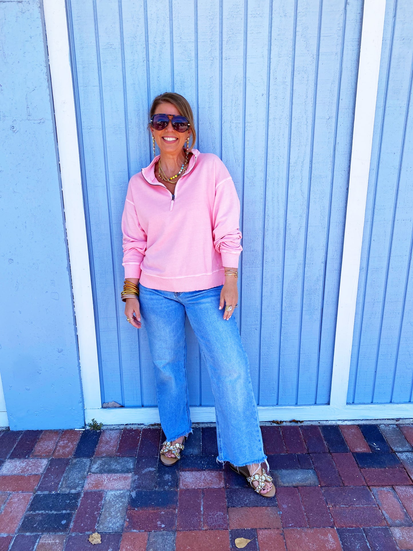 Dk Pink F/terry Pigment Dye & Enzyme Washing Half Zip Top