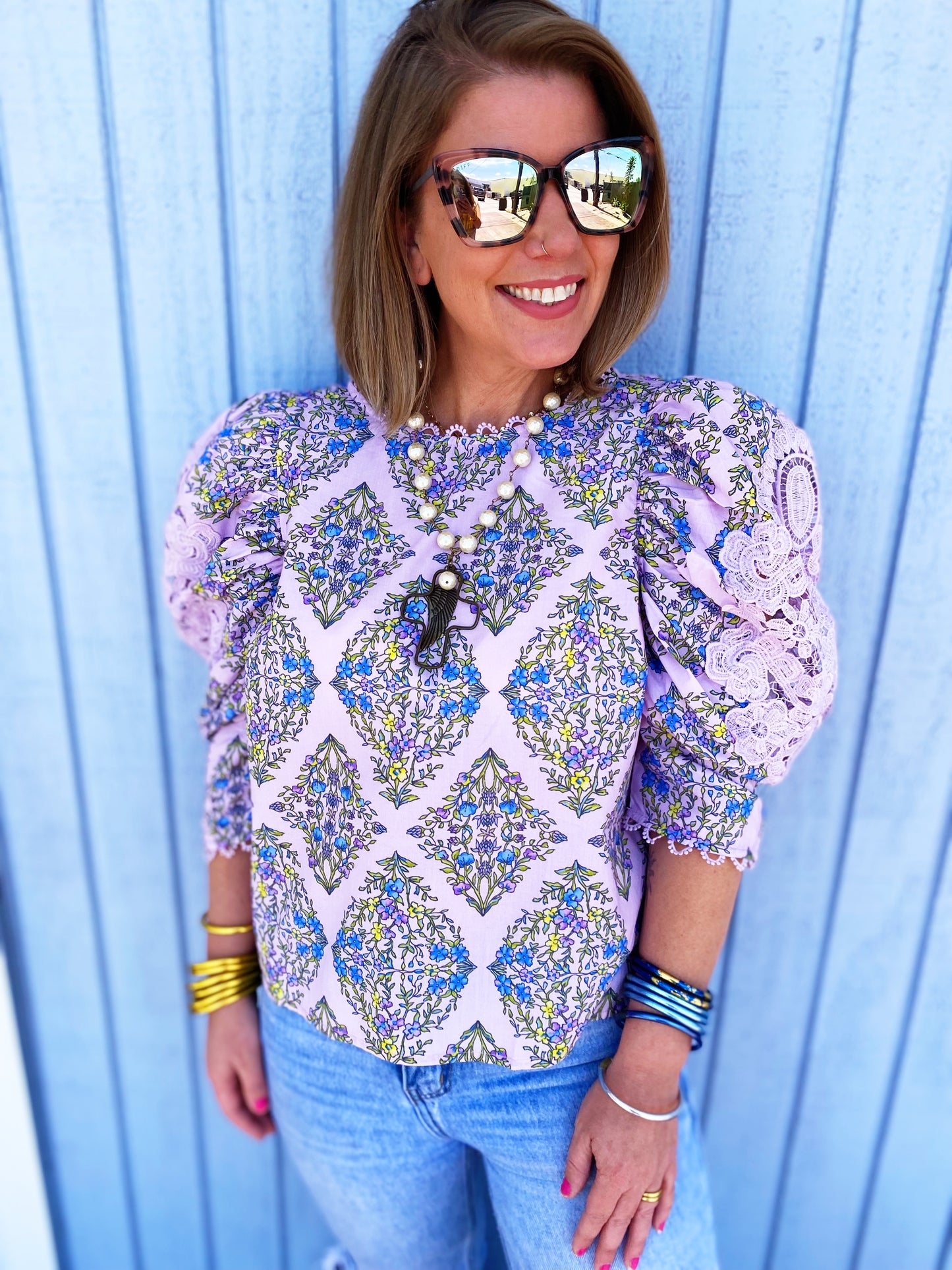 Printed Lace Puff Sleeve Blouse