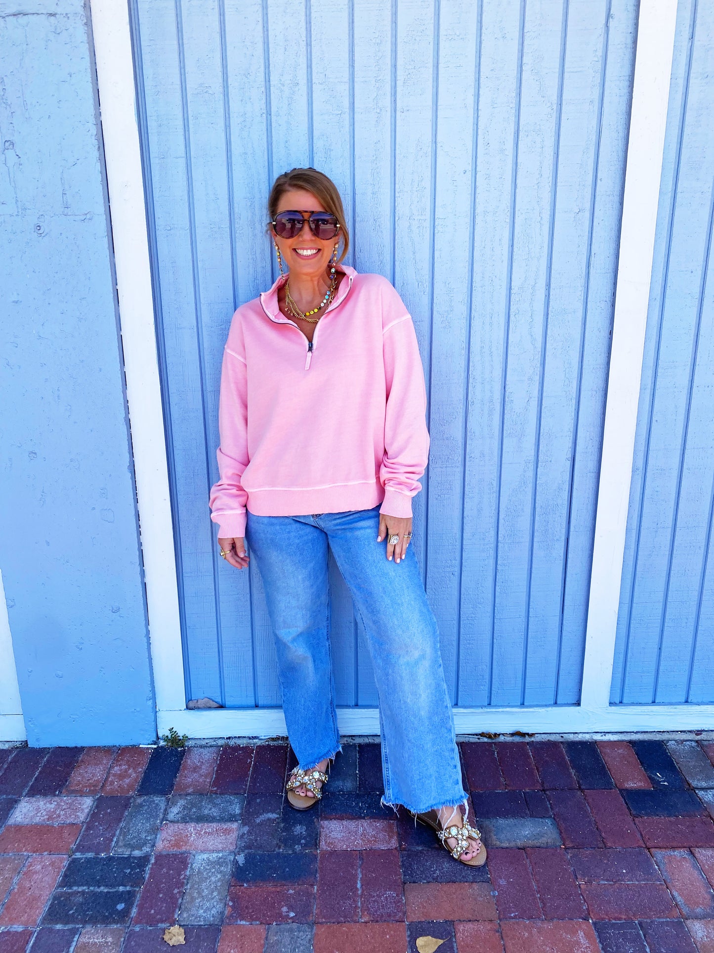 Dk Pink F/terry Pigment Dye & Enzyme Washing Half Zip Top