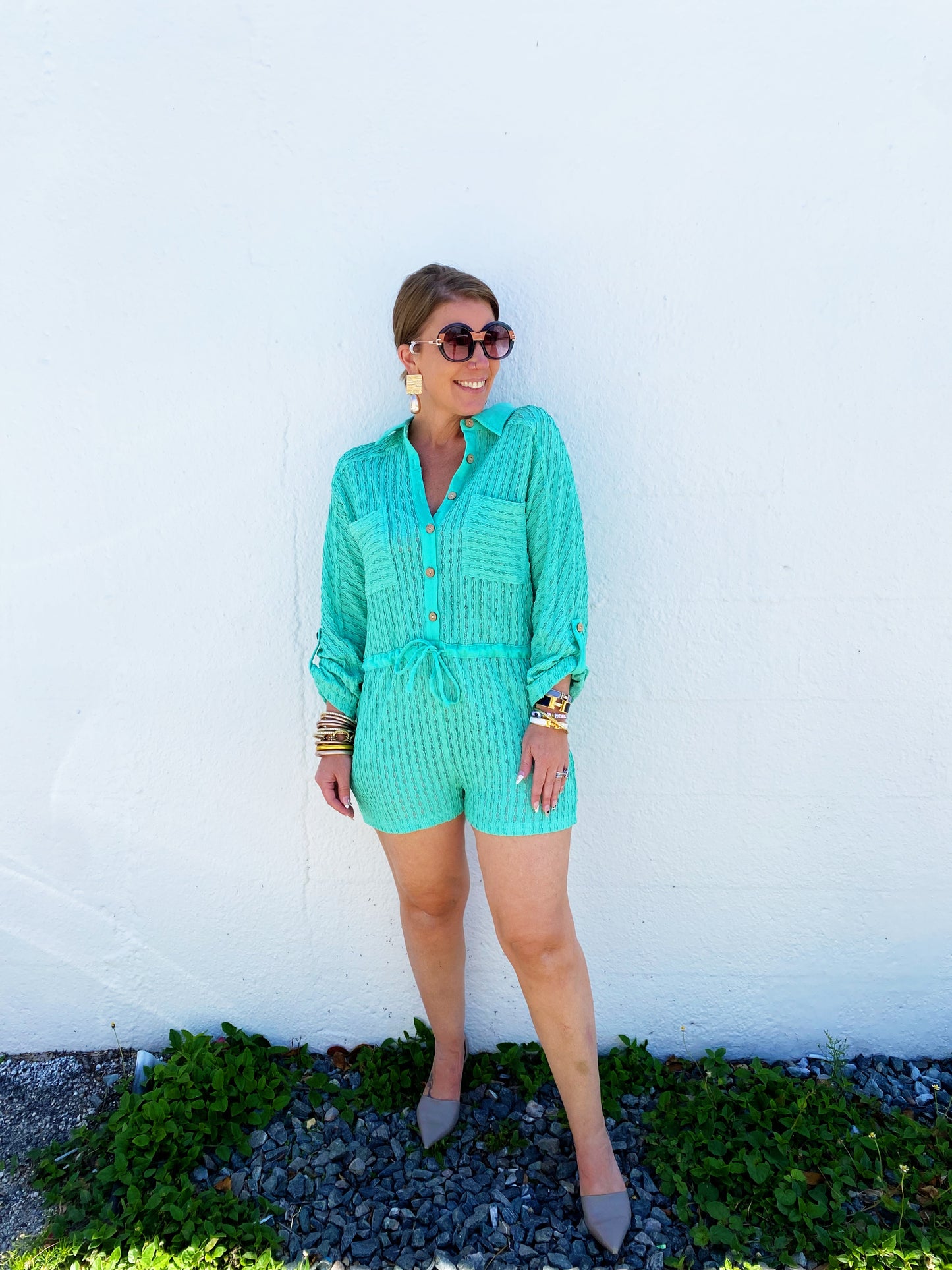 Textured Knit Button Front Romper