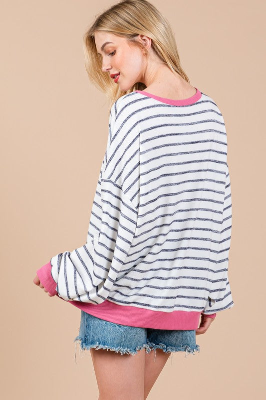 Striped Round Neck Drop Shoulder Sweatshirt