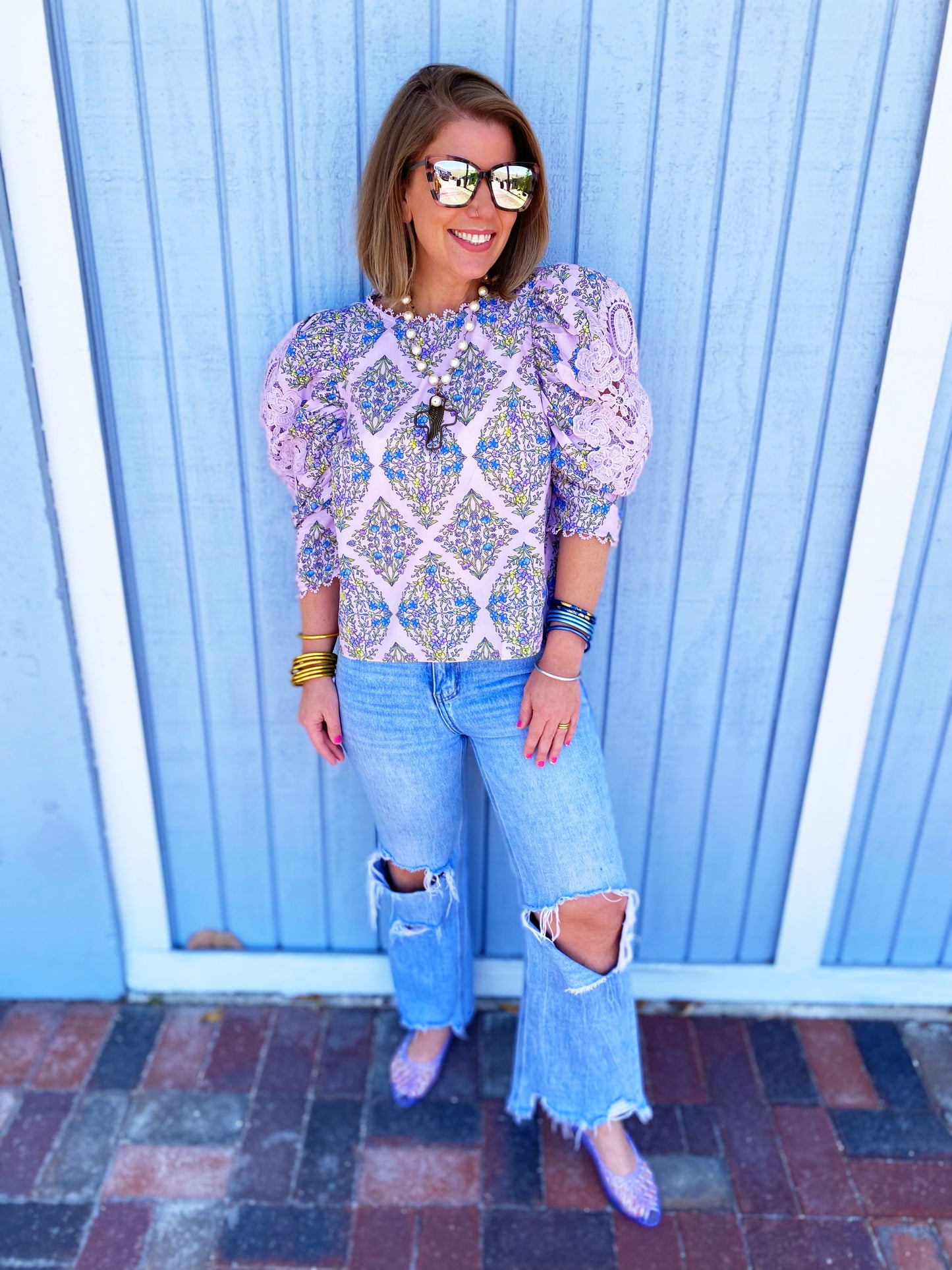 Printed Lace Puff Sleeve Blouse