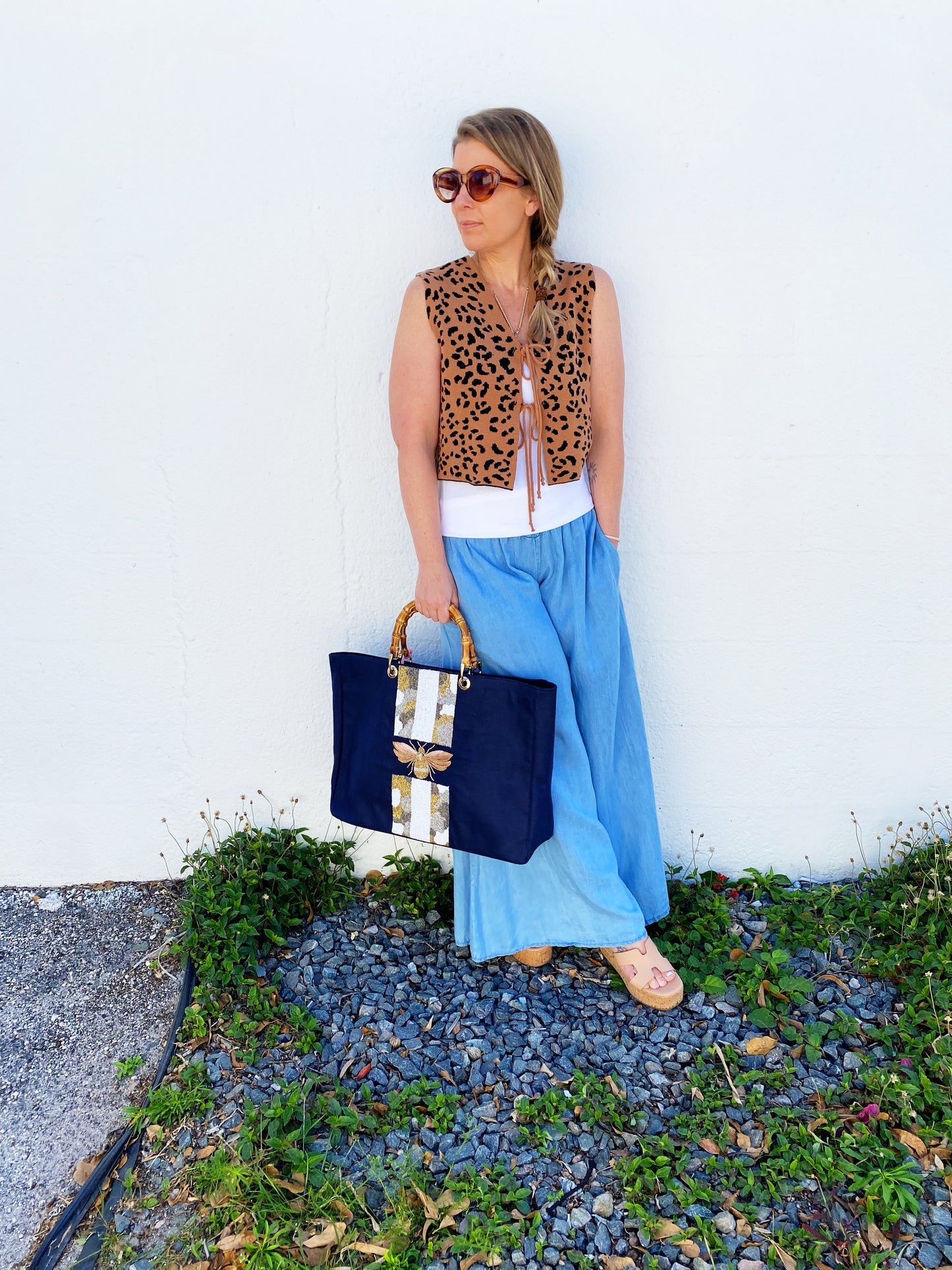 Navy Bamboo Beaded Tote Bag Custom Beaded