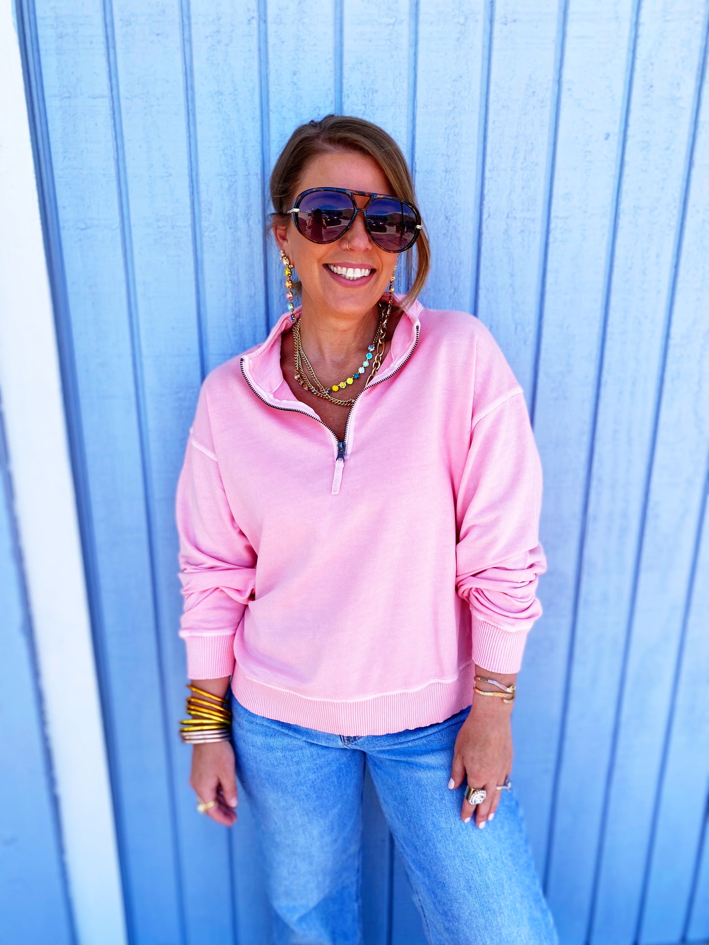 Dk Pink F/terry Pigment Dye & Enzyme Washing Half Zip Top