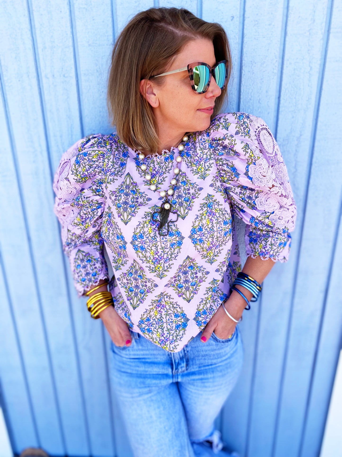 Printed Lace Puff Sleeve Blouse