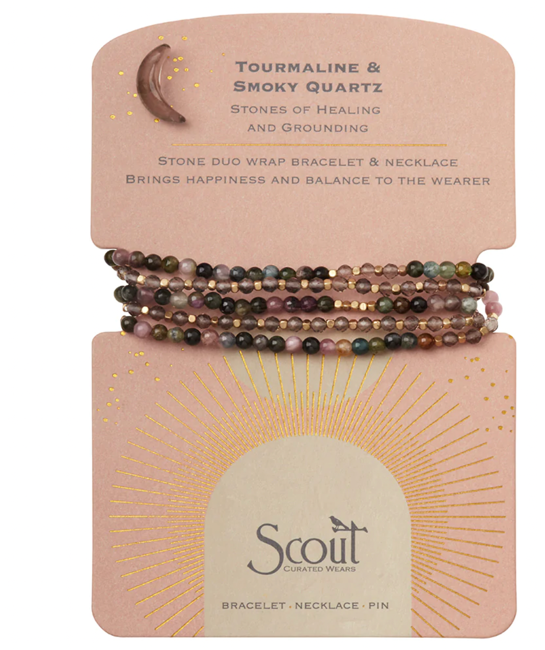 Stone Duo Wrap Bracelet/Necklace/Pin - Tourmaline & Smoky Quartz SA005