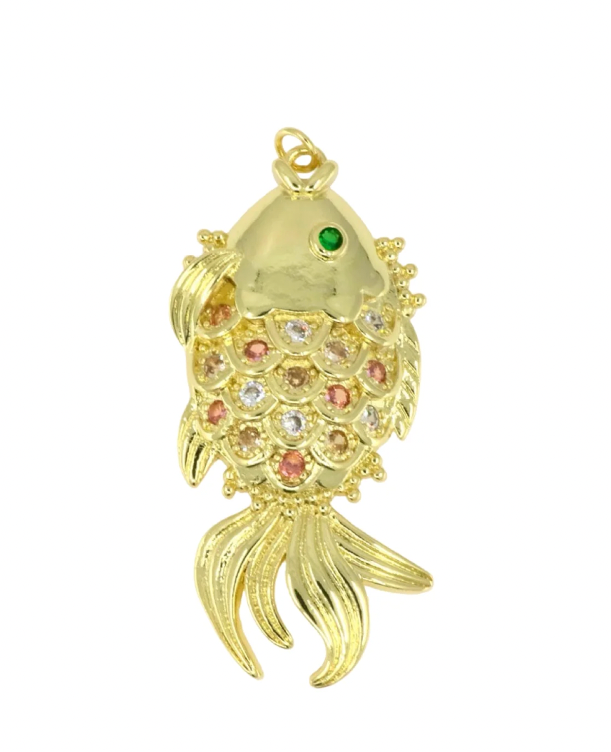 Large Golden Fish Pendant with Crystal Details