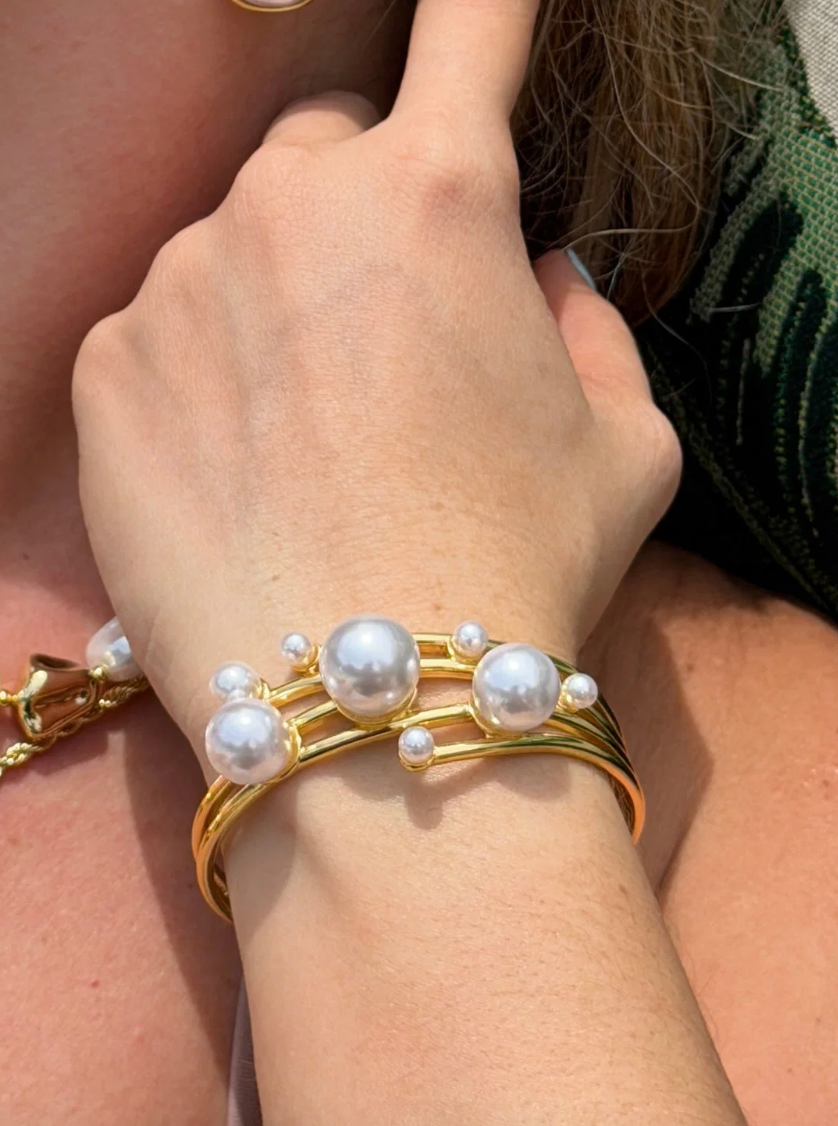 Gold Pearl Open Bangle Bracelet