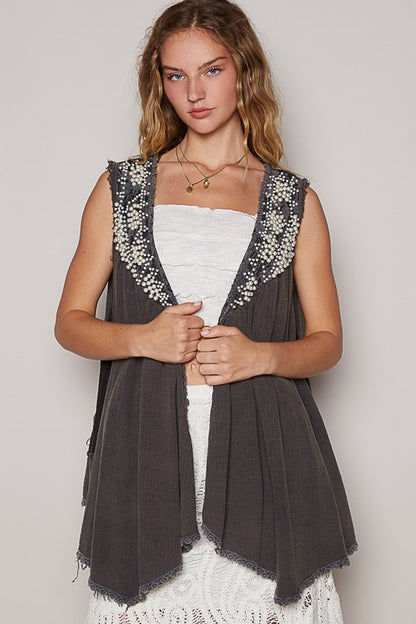 Embroidered Pearls Open Front Sleeveless Cardigan