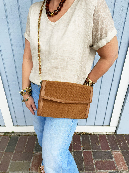 Beth Clutch- Woven Saddle Vegan Suede