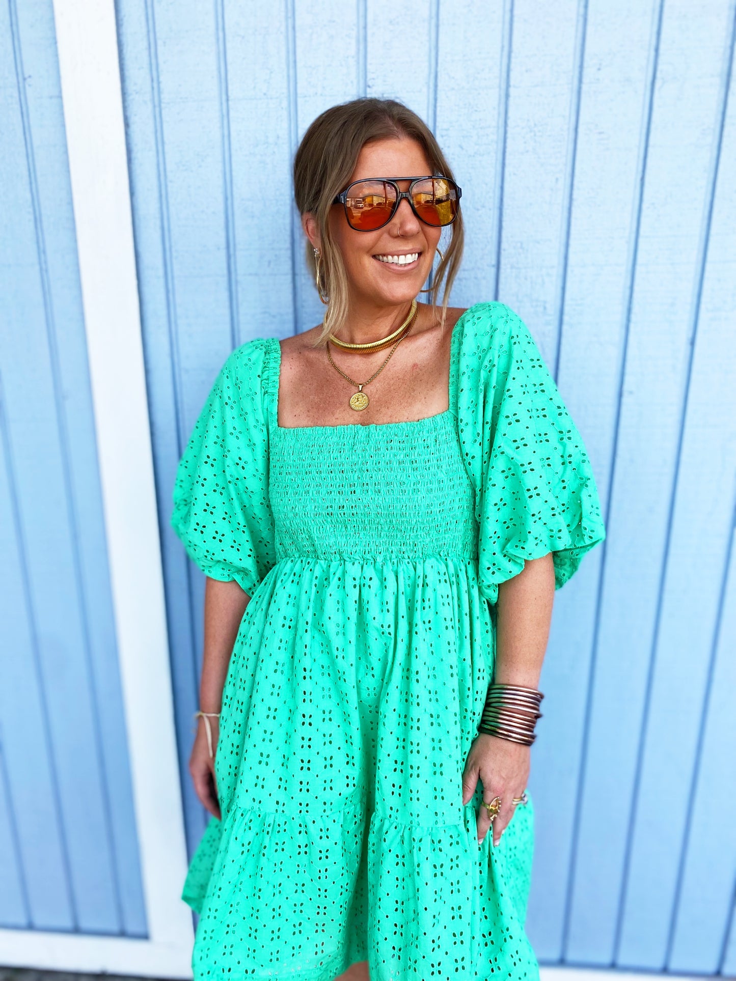 Green Eyelet Puff Sleeve Short Smocked Dress