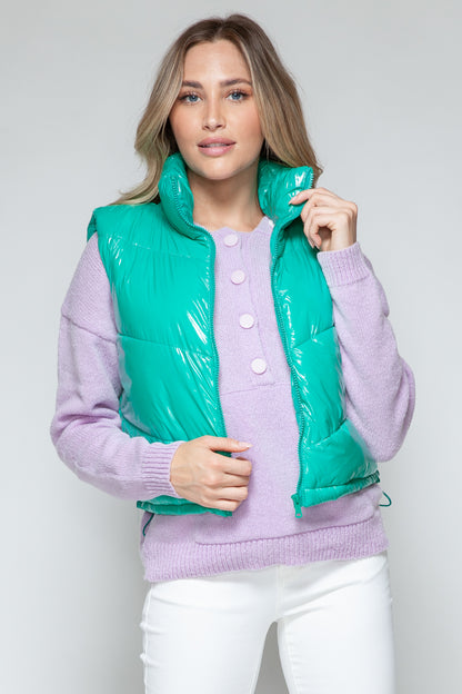 Zip Up Turtleneck Shiny Quilted Vest- TURQ