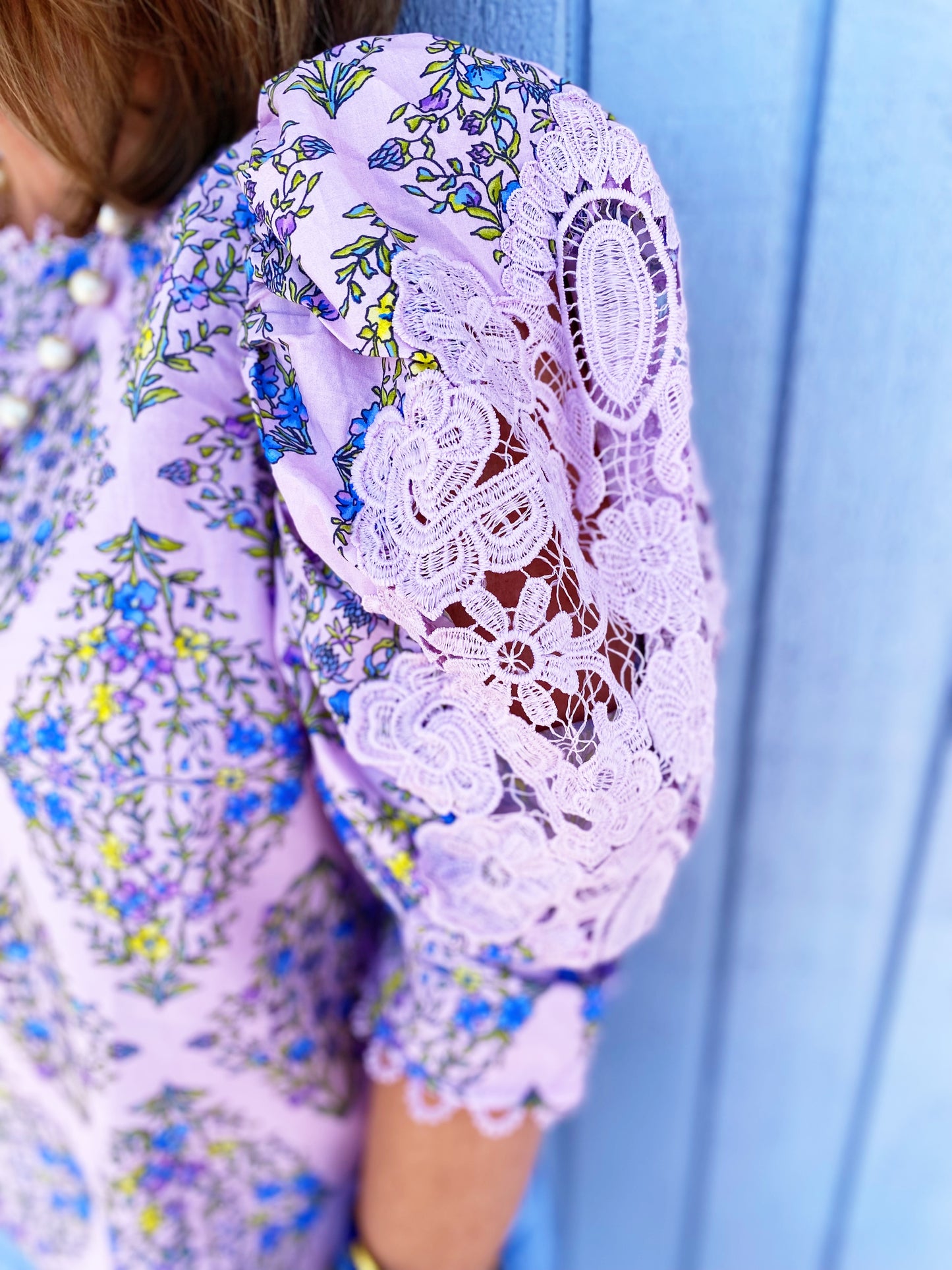 Printed Lace Puff Sleeve Blouse