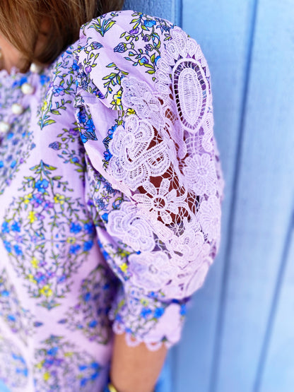 Printed Lace Puff Sleeve Blouse