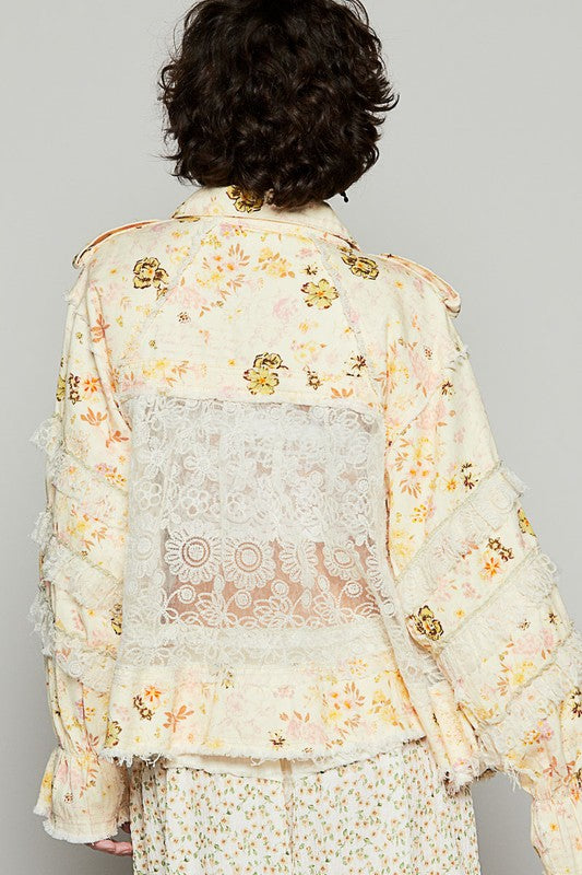 Raw Hem Lace Patch Flounce Sleeve Jacket