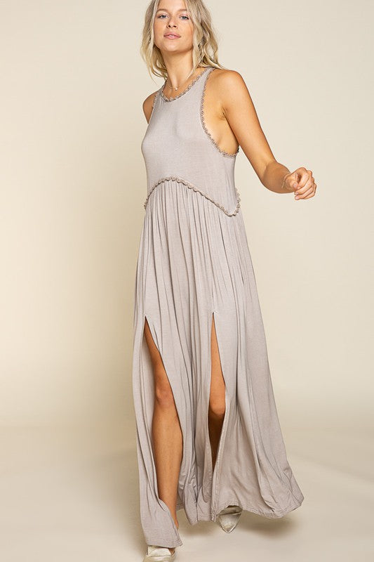 Stone Washed Side Slit Cut Out Maxi Dress * Online only-ships from warehouse