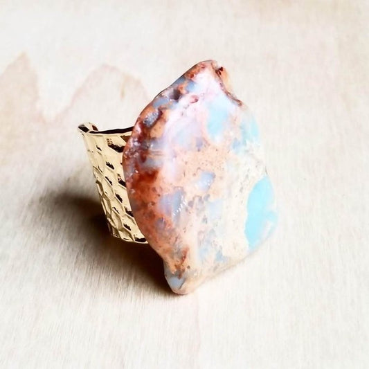 Chunky Aqua Terra Slab on Hammered Cuff Ring Base * Online only-ships from warehouse