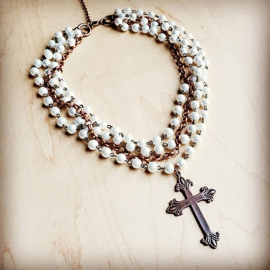 Pearl and Copper Collar Necklace with Copper Cross * Online only-ships from warehouse