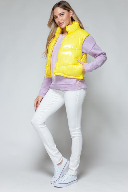 Zip Up Turtleneck Shiny Quilted Vest- YELLOW