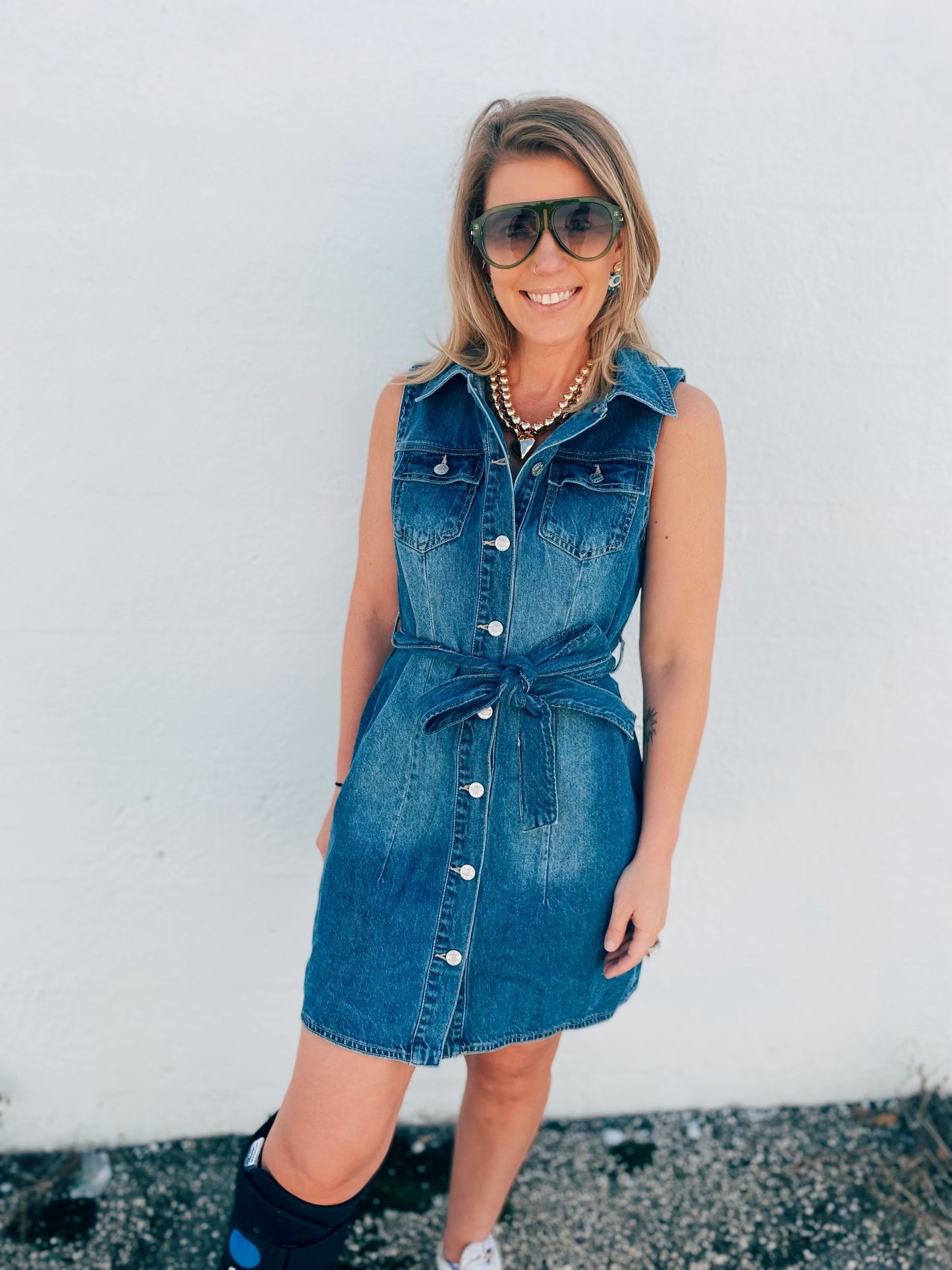 Denim Dress with Waist Tie