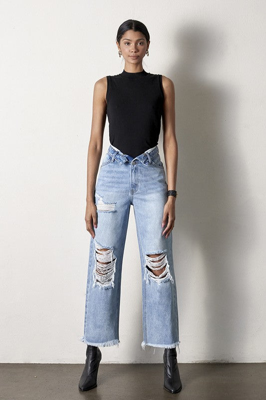 Frayed Flip Waist Straight Jeans * Online only-ships from warehouse
