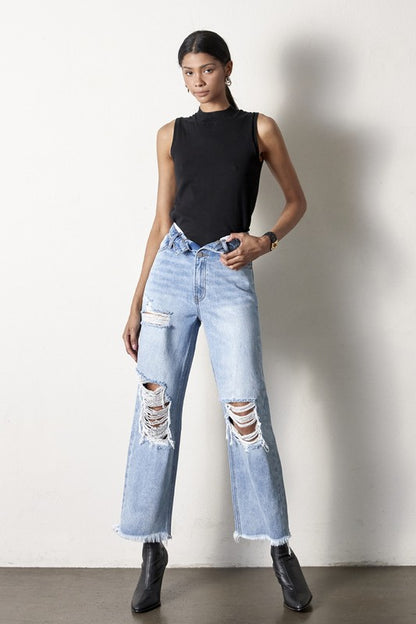 Frayed Flip Waist Straight Jeans * Online only-ships from warehouse