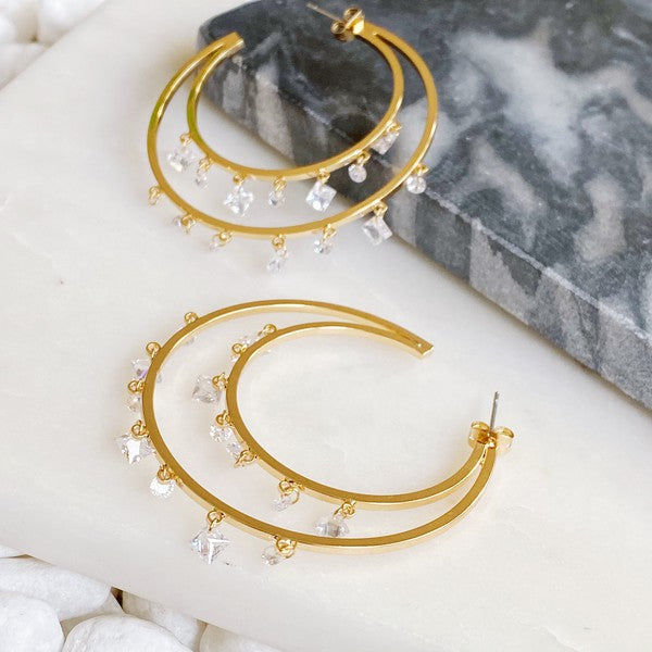 Doubled Hoop Crystal Dangle Earrings