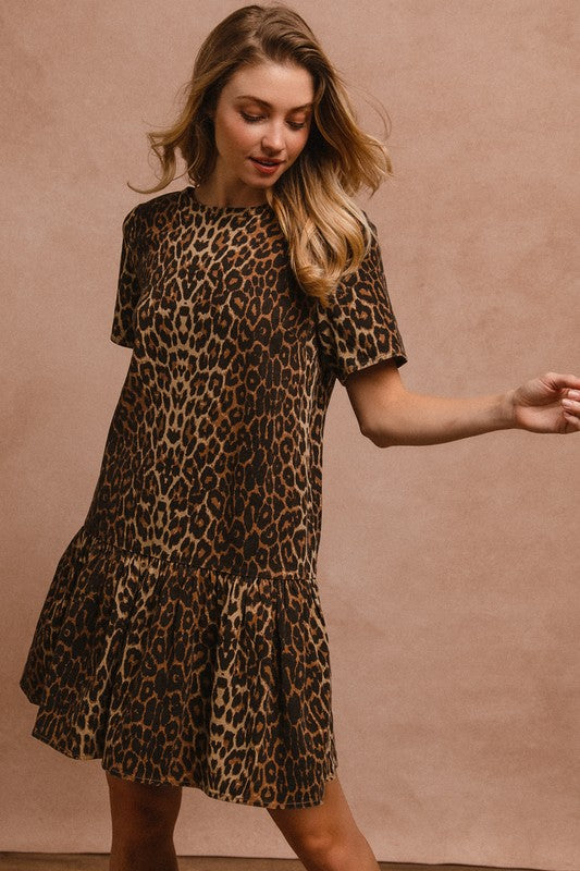 Tie Back Leopard Round Neck Short Sleeve Dress