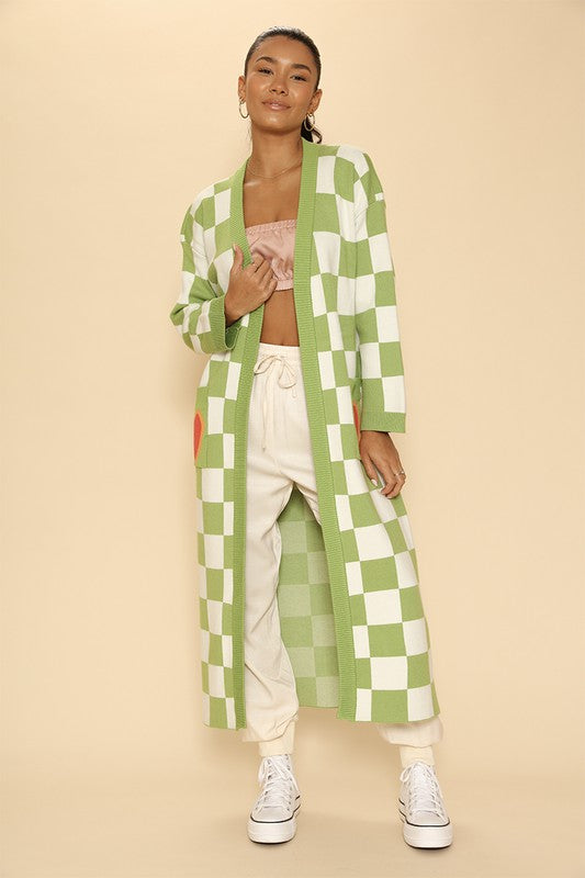 Long knit checkered cardigan * Online only-ships from warehouse