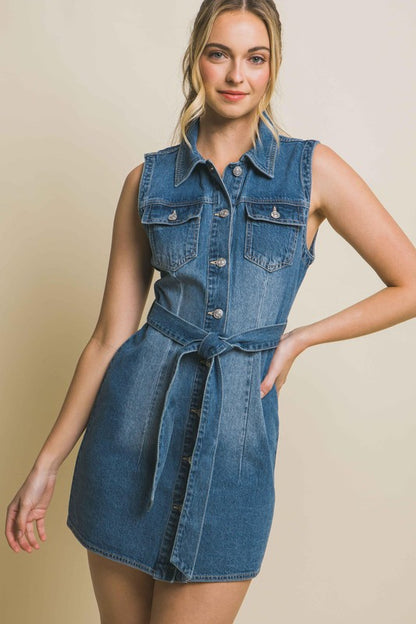 Denim Dress with Waist Tie