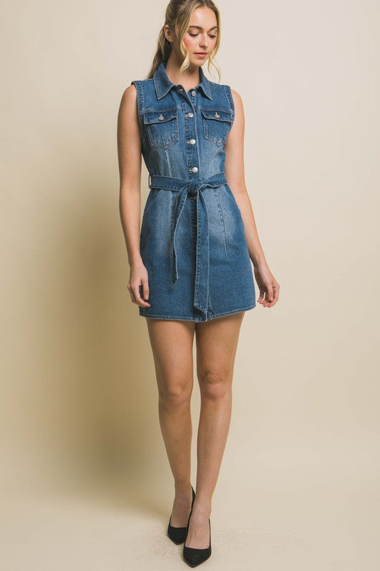 Denim Dress with Waist Tie