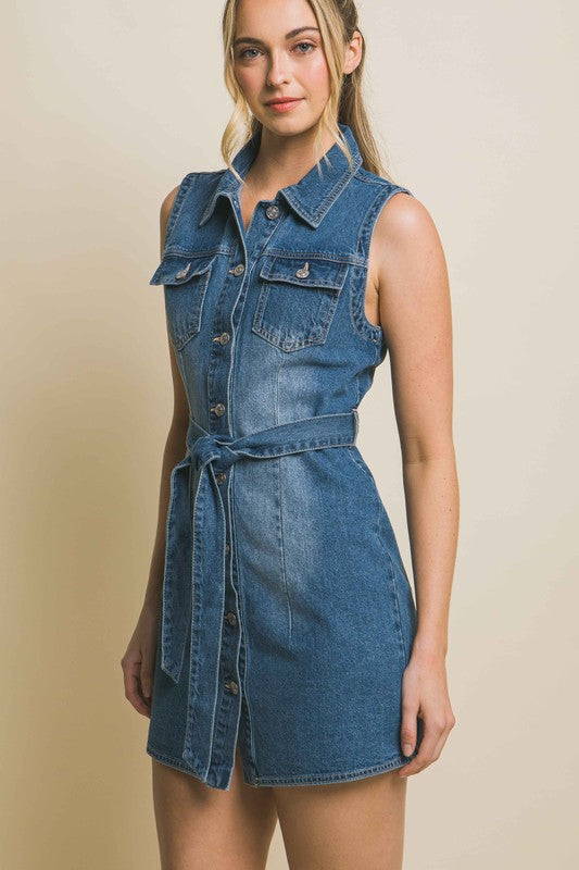 Denim Dress with Waist Tie