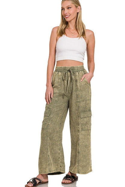 Washed Linen Elastic Band Waist Cargo Pants *4 colors available