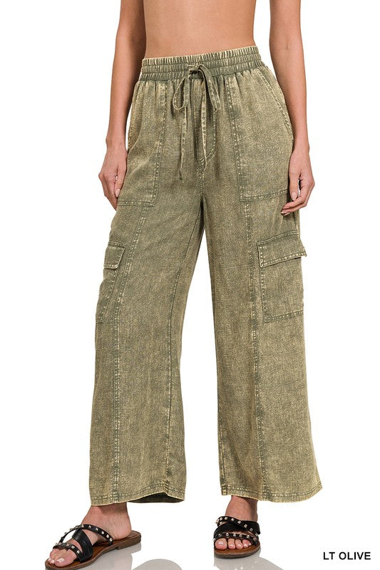 Washed Linen Elastic Band Waist Cargo Pants *4 colors available