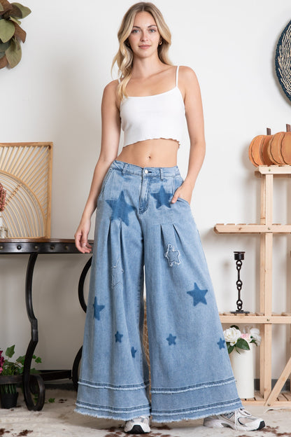 Star Patch Washed Wide Leg Denim Pants **FINAL SALE