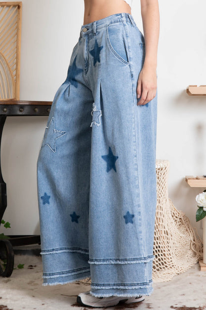 Star Patch Washed Wide Leg Denim Pants **FINAL SALE