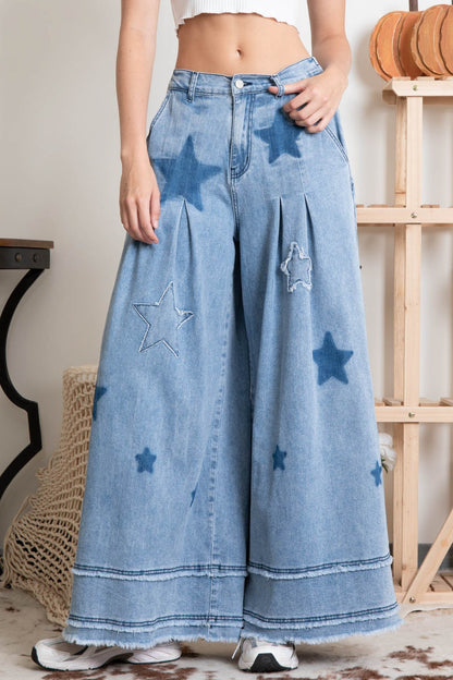 Star Patch Washed Wide Leg Denim Pants **FINAL SALE