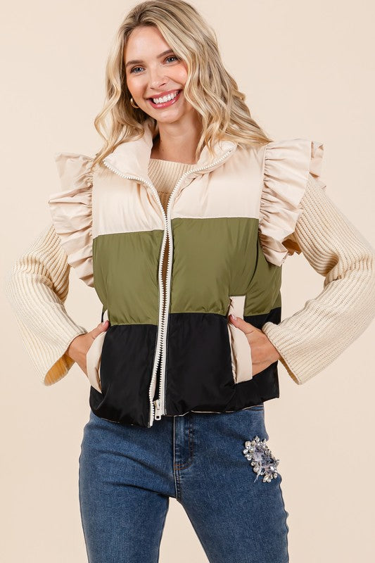 Color Block Ruffle Trim Puffer Vest