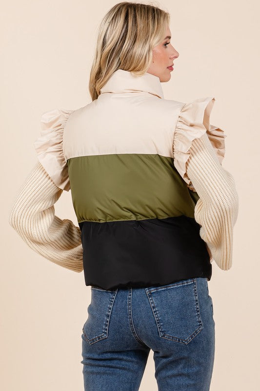 Color Block Ruffle Trim Puffer Vest