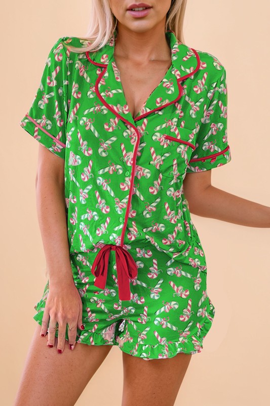 Christmas Candy Cane Print Knotted Pajama Set