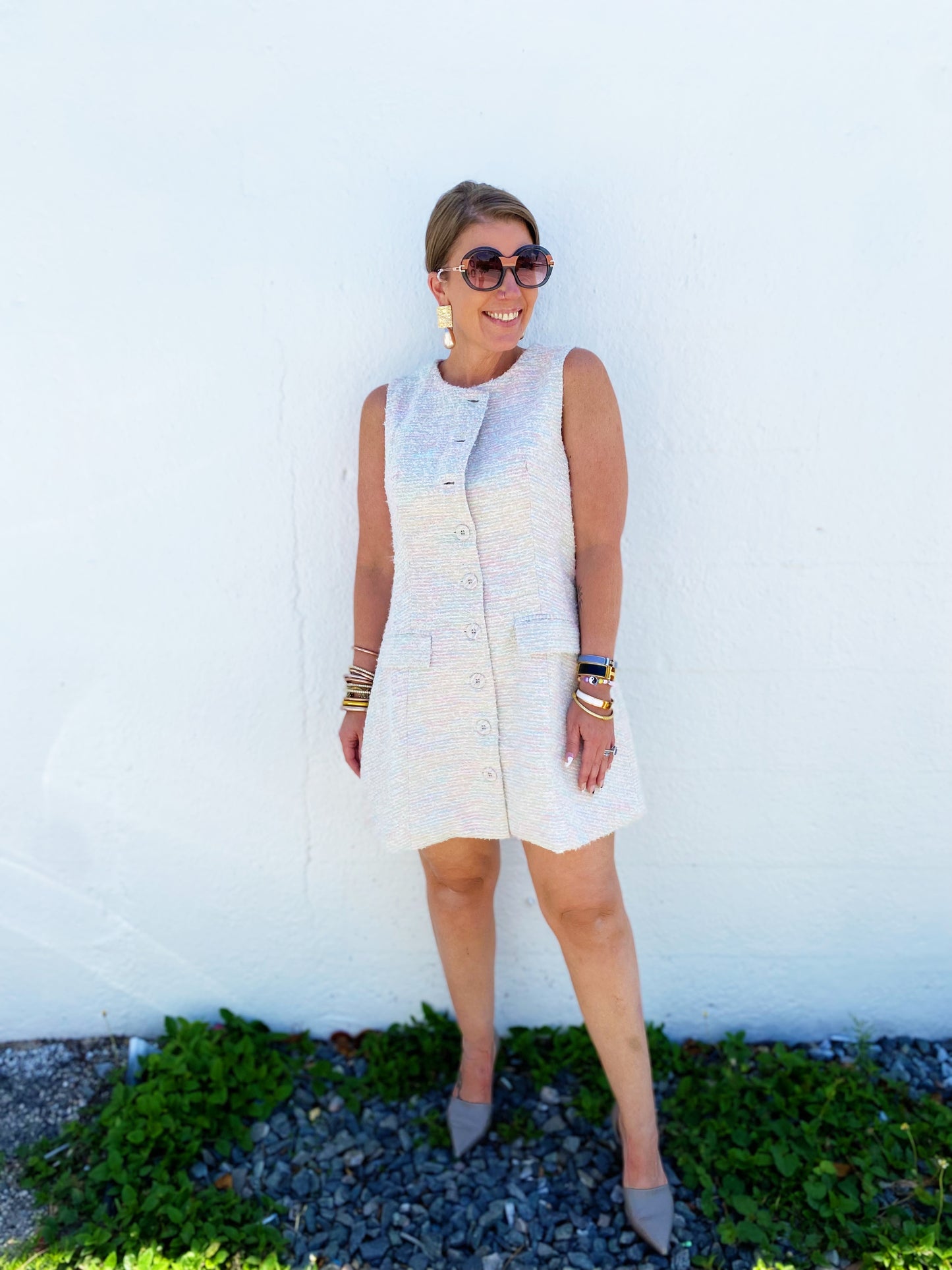 Tweed Sleeveless Button Down Mini Dress