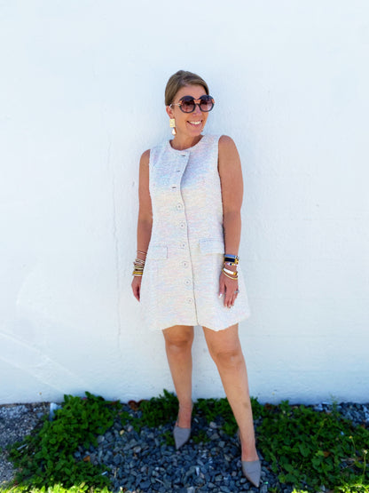 Tweed Sleeveless Button Down Mini Dress