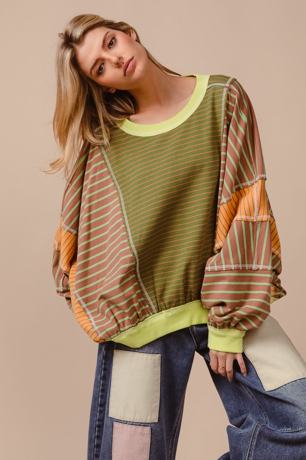 Color Block Striped Round Neck Sweatshirt