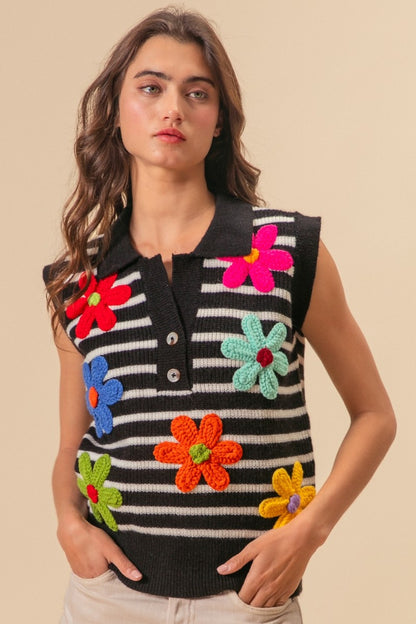 Flower Patch Striped Half Button Sweater Vest