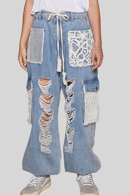 Crochet Patch Distressed Washed Jeans