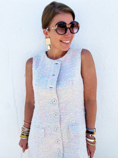 Tweed Sleeveless Button Down Mini Dress