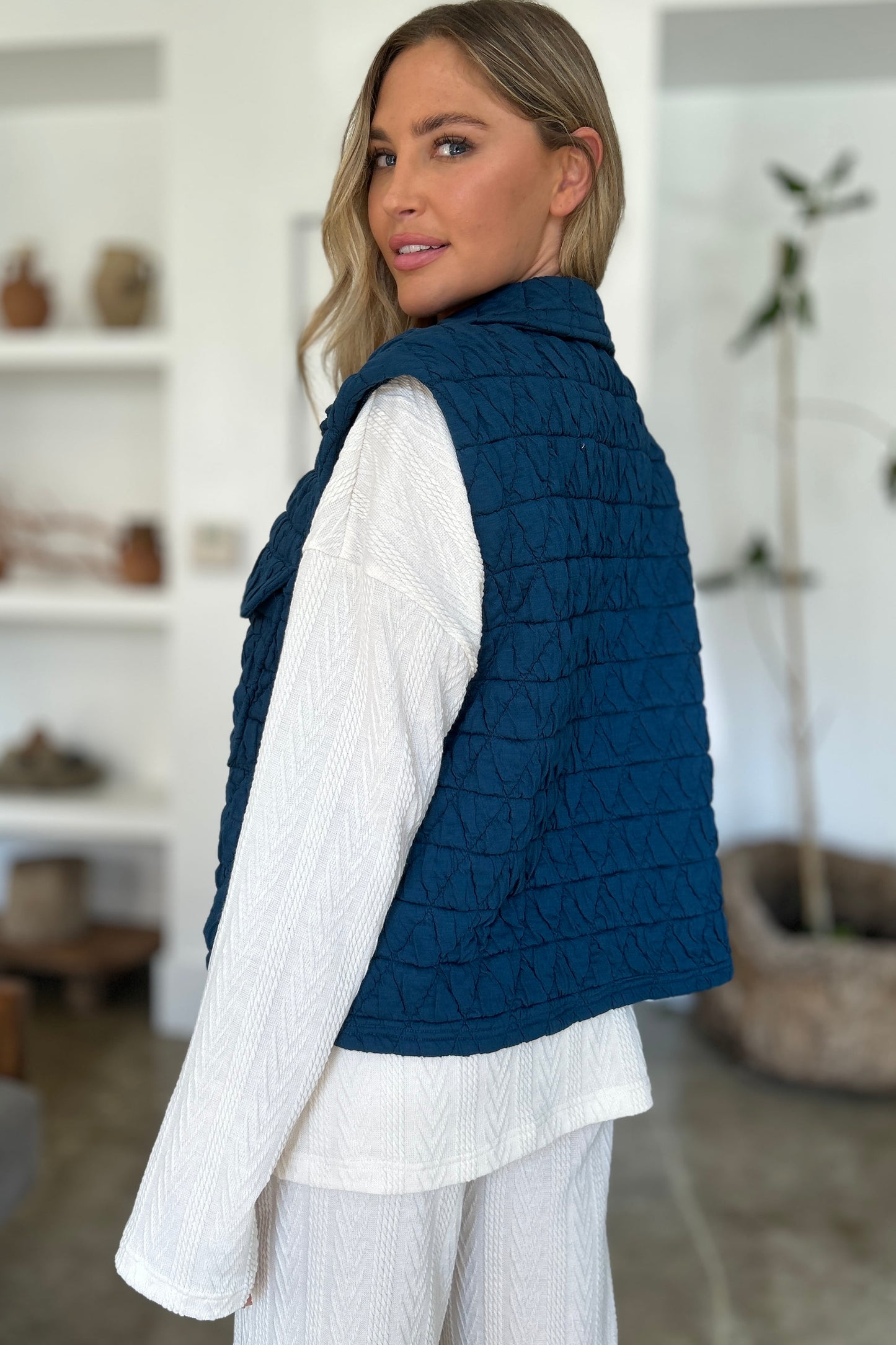 Full Size Pocketed Texture Snap Down Vest Coat