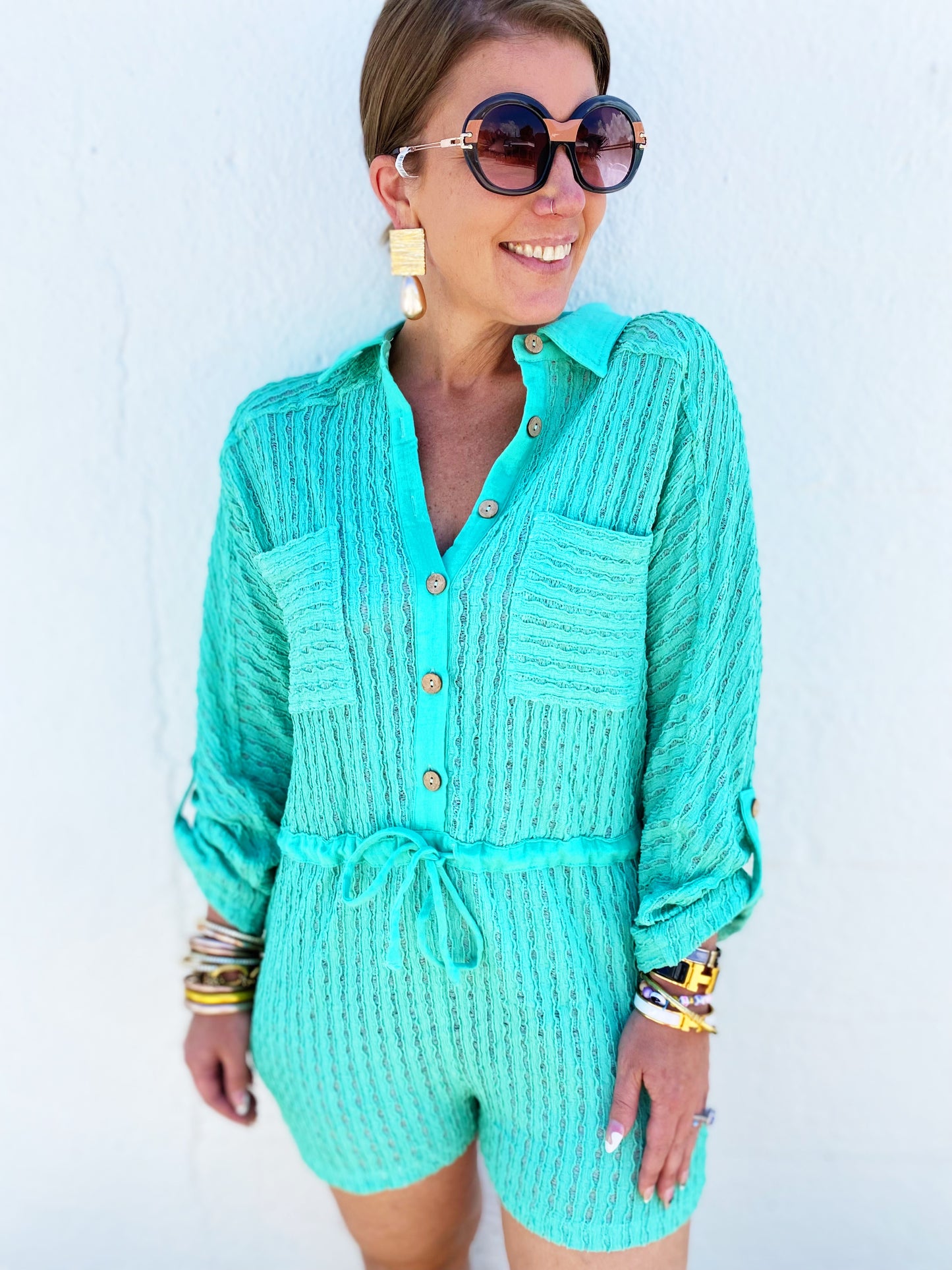 Textured Knit Button Front Romper