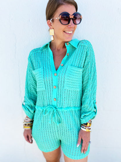 Textured Knit Button Front Romper