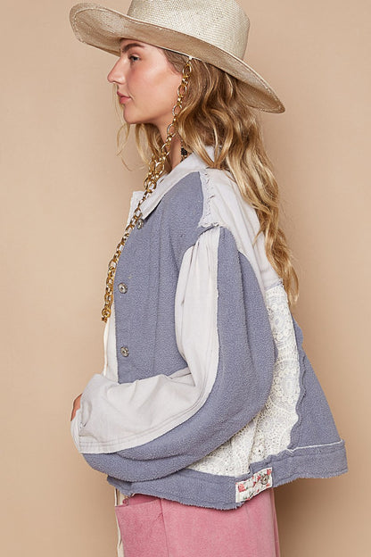 Crochet Patch Exposed Seam Button Up Jacket